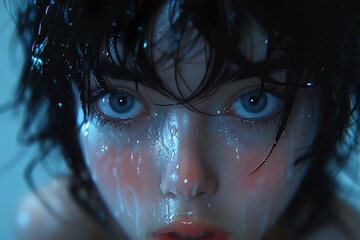 Unleash a chaotic flurry of emotions with a tilted close-up shot capturing the protagonists piercing eyes
