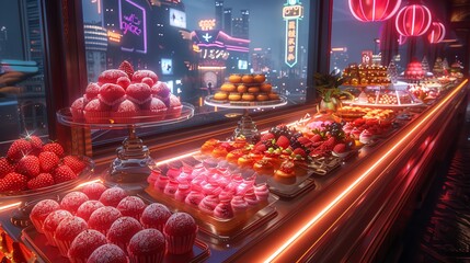 Visualize a high-angle view of a sumptuous virtual dessert buffet glowing under neon lights to evoke a futuristic culinary experience in CG 3D