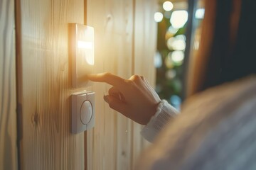 Close up of a woman switching off a light on a grey switch