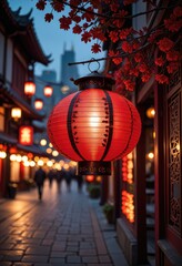 At dusk, a traditional red lantern glows against the backdrop of city lights, creating a mesmerizing bokeh effect against the urban skyline