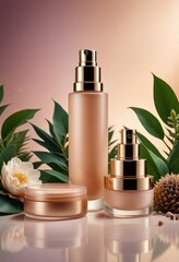 Blank cosmetic products arranged against a colorful background, highlighting their natural essence and versatility