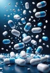 blue and white medical capsules descends against a monochrome backdrop, evoking a sense of clinical precision
