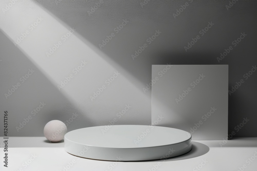 Aufkleber elegant monochromatic minimalist mockup: soft gray podium with natural lighting and gentle shadows f
