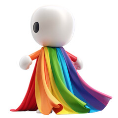 A 3D character with a rainbow cape, symbolizing LGBTQ+ pride and superhero strength, set against a transparent background.