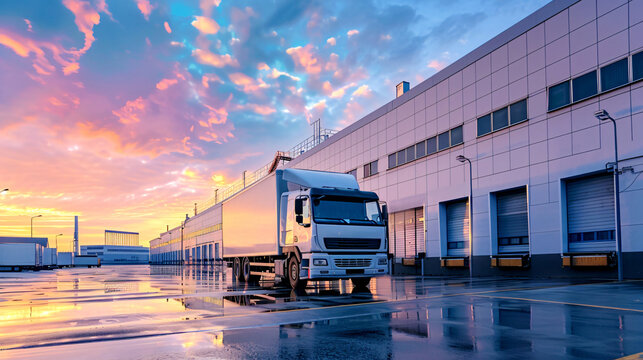 Truck In Front Of Warehouse Design Background for Social Media with copy space text, for logistics, transportation, and industry