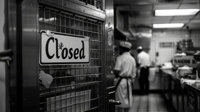 A "Closed" sign on a restaurant door, the kitchen staff cleaning up after hours.