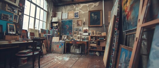 Frame mockup, in an eclectic artists studio, where the quote inspires creativity and introspection among paints and canvases