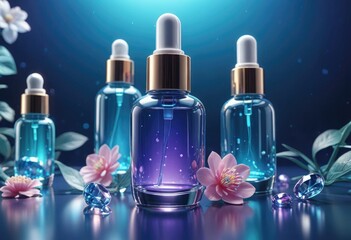 Craft a skincare cosmetic concept featuring a sleek serum glass bottle, symbolizing luxury and skincare excellence