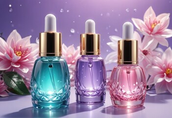 Craft a skincare cosmetic concept featuring a sleek serum glass bottle, symbolizing luxury and skincare excellence