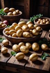 Earthy potatoes are clustered atop a rustic, dark wooden kitchen table, evoking a sense of wholesome simplicity