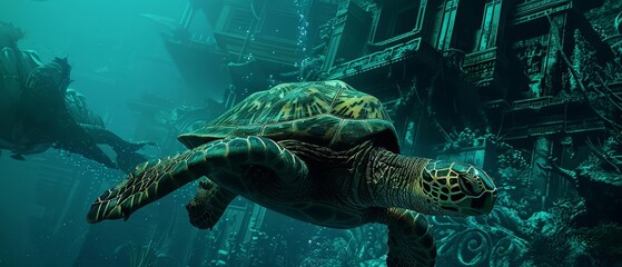 Fototapeta premium Futuristic charismatic cyber closeup of a sea turtle in a diving suit
