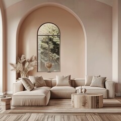 Modern living room with a light pink wall, beige sofa and wooden floor, large window providing natural lighting