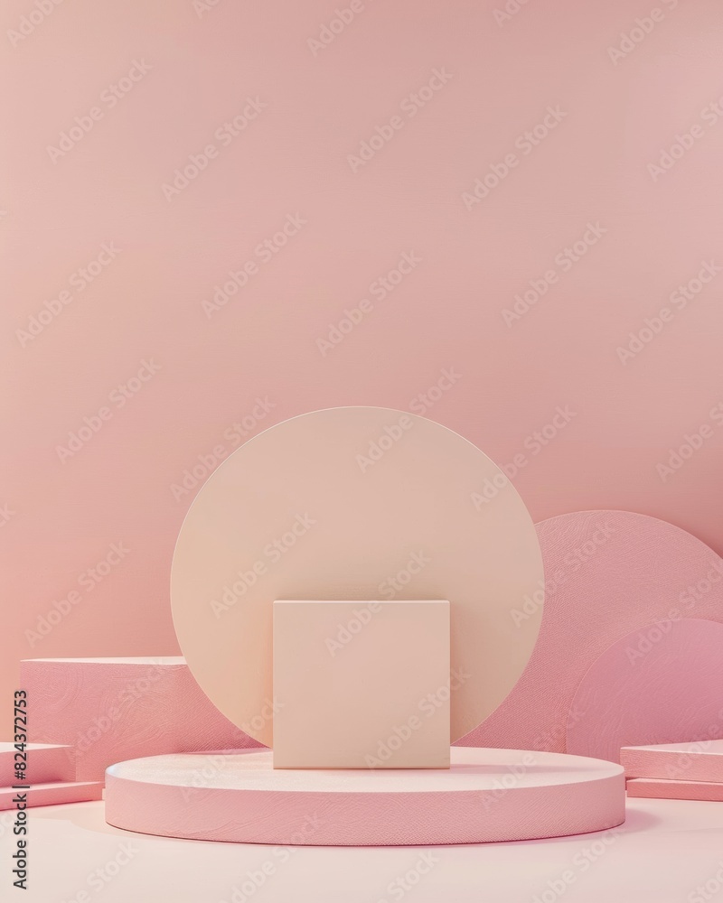 Poster Monochromatic Minimalist Pink Podium and Background for Product Display with Natural Lighting and Textured Shadows