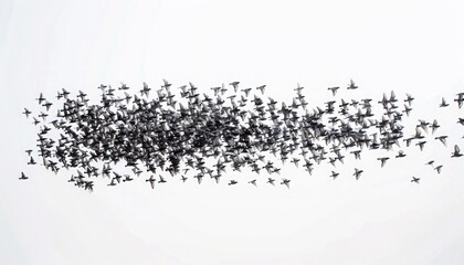 A flock of birds flies in perfect unison, creating a mesmerizing and symmetrical natural backdrop for text overlay.