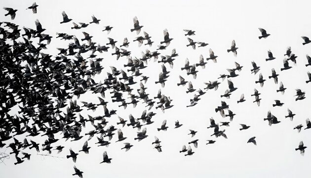 A flock of birds flies in perfect unison, creating a mesmerizing and symmetrical natural backdrop for text overlay.