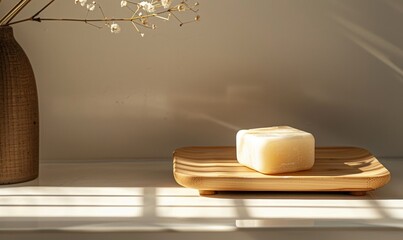 Minimalist Bathroom with a Single Bar of Soap on a Wooden Soap Dish