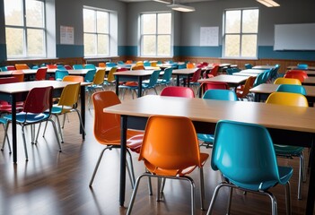 In a brightly lit classroom, vibrant chairs encircle tables, adding a burst of color and energy to the learning environment