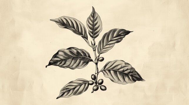 A vintage illustration of a coffee bean seedling in the style of botanical engravings, emphasizing the plant's botanical characteristics with precision and elegance.