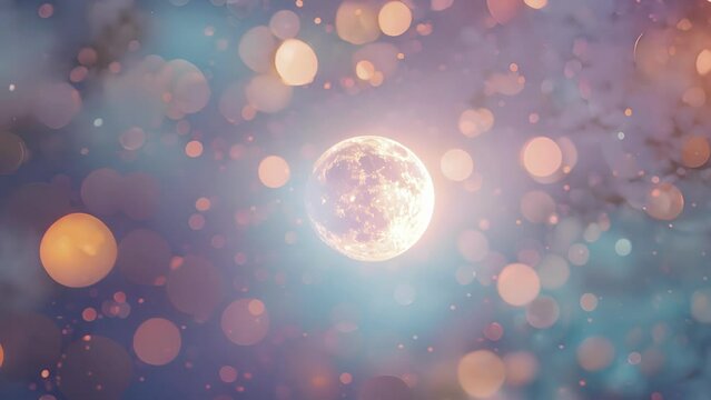 A fairytalelike setting with nacreous clouds framing a full moon.