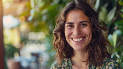 Fototapeta premium Close-up of a beautiful young girl with a wide open smile. A woman with long brown hair and a green floral dress is smiling