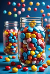 Jars filled with colorful candies pop against a bright blue background, evoking a sense of whimsy and sweetness