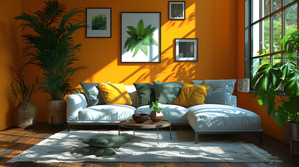 modern living room,
A fashionable sofa, pillows, coffee table mock up