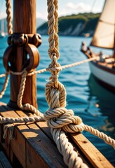 Obraz premium Near the sailboat, a coiled rope patiently awaits its nautical calling, ready to embark on a seafaring journey 