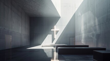 An abstract, minimalist shot of a hospital chapel, with a single cross illuminated in a shaft of light.