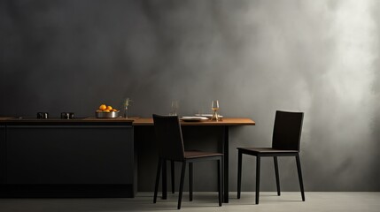 Minimal background image of elegant black table with two chairs in modern kitchen interior, copy space