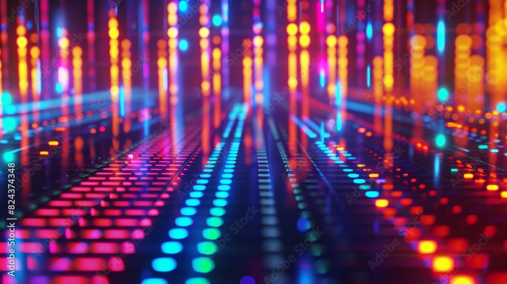 Poster An energetic music equalizer seamless loop background with vibrant color gradients bursting forth from the spectrum analyzer bars, creating a captivating visual spectacle.
