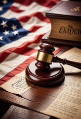 The gavel rests atop the American flag, embodying the principles of law and justice