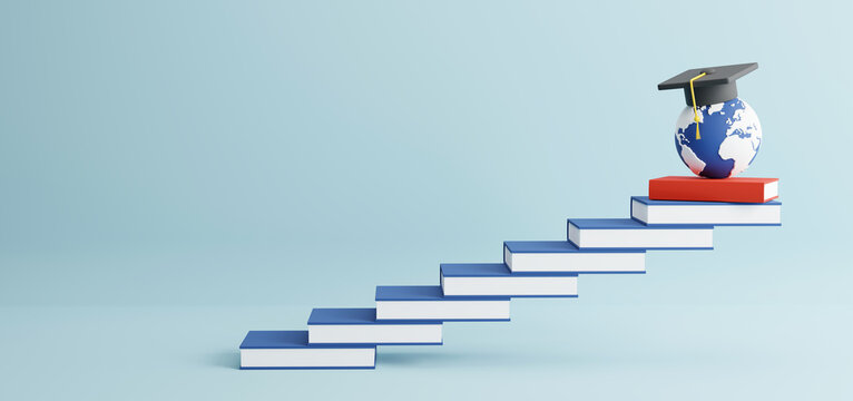 Education and Study abroad concept design of globe with graduation cap on book stairs 3D render