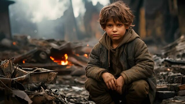 Orphaned children is homeless after the war , child in dirty clothes abandoned after an war