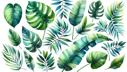 Fototapeta premium Watercolor Tropical Leaves Art Composition Beautiful watercolor illustrations of various tropical leaves, showcasing lush green foliage with intricate details and vibrant shades.