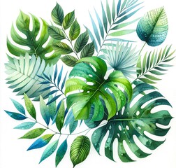 Fototapeta premium Watercolor Tropical Leaves Art Composition Beautiful watercolor illustrations of various tropical leaves, showcasing lush green foliage with intricate details and vibrant shades.