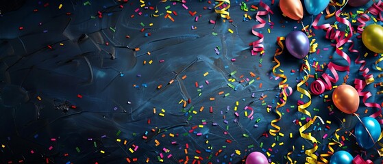Colorful celebratory scene with balloons, confetti, and streamers. Ideal for party, celebration, festival, or holiday themes.