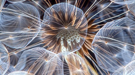 Macro photo of a dandelion seed head, showcasing the intricate details of the seeds and their fluffy pappus,
