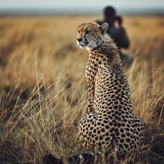 Naklejka premium Cheetah sits on the back of a Photographer in the savannah rear view of a Photographer taking picture, AI generated