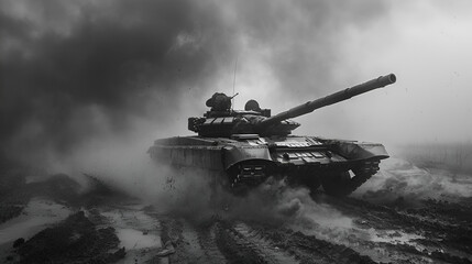 tank in the park,
A black and white tank on the battlefield with.