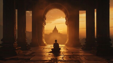 Silhouette of a solitary Buddhist practitioner in deep prayer at the entrance of an ancient temple, surrounded by fading light