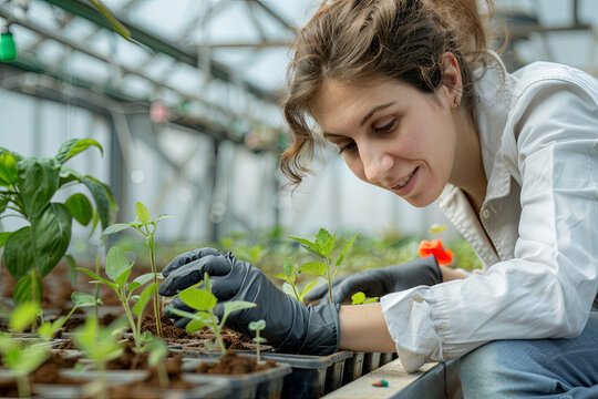 Female botanist inspecting seedlings in nursery greenhouse