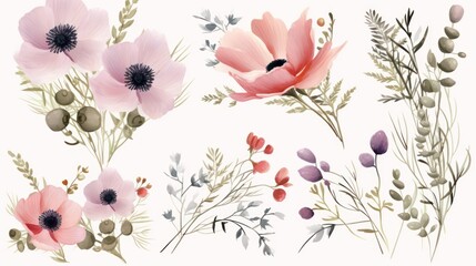 Watercolor illustration of a flower designer element set.
