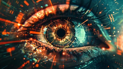 Close-up of a human eye with vibrant digital effects representing technology and innovation, capturing the essence of futuristic vision.