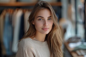 Fototapeta premium Beautiful young smiling caucasian woman standing in clothing store