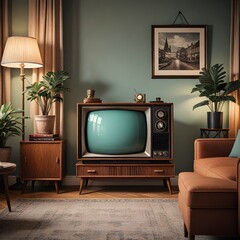 Retro Television with Green Screen in Rustic Setting. Concept Retro Props, Green Screen Technology, Vintage Aesthetic, Rustic Backgrounds
