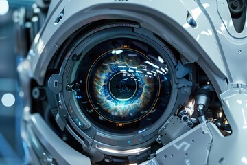 Futuristic robotic eye technology close-up, showcasing intricate mechanical details and advanced electronics in a high-tech cybernetic design.