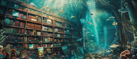 Underwater library with bookshelves, sea creatures, and sunlight creating an ethereal, serene atmosphere. Fantasy meets education and nature.