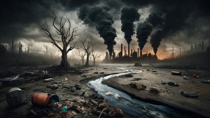 Desolate landscape of environmental destruction and industrial pollution