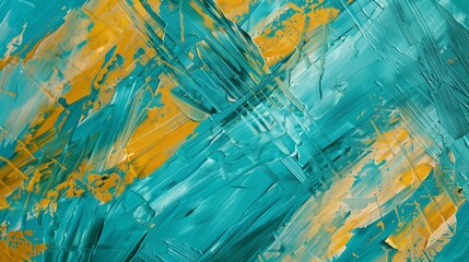 A richly textured canvas featuring cross-hatched strokes in turquoise and sunflower yellow. The paint is applied with varying pressures,