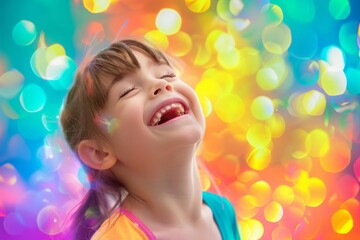 Joyful child laughing with colorful bokeh background, expressing happiness and carefree childhood moments in vibrant, playful atmosphere.